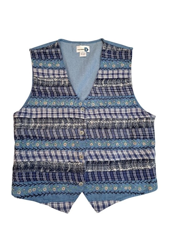 Paul Harris Design Tops - Vtg Paul Harris Vest Womens Blue Plaid Floral Embroidered Cotton Large Cottage